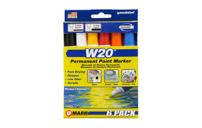 U-Mark - 10870 W20 Waterbased Retail Pack (1ea. Bk, Wh, Yl, Rd, Or, Bl - Pack of 6)