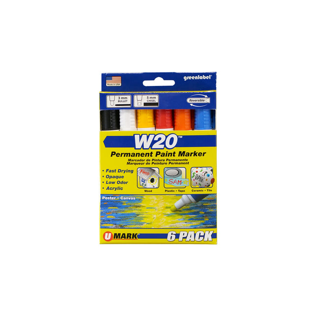 U-Mark - 10870 W20 Waterbased Retail Pack (1ea. Bk, Wh, Yl, Rd, Or, Bl - Pack of 6)